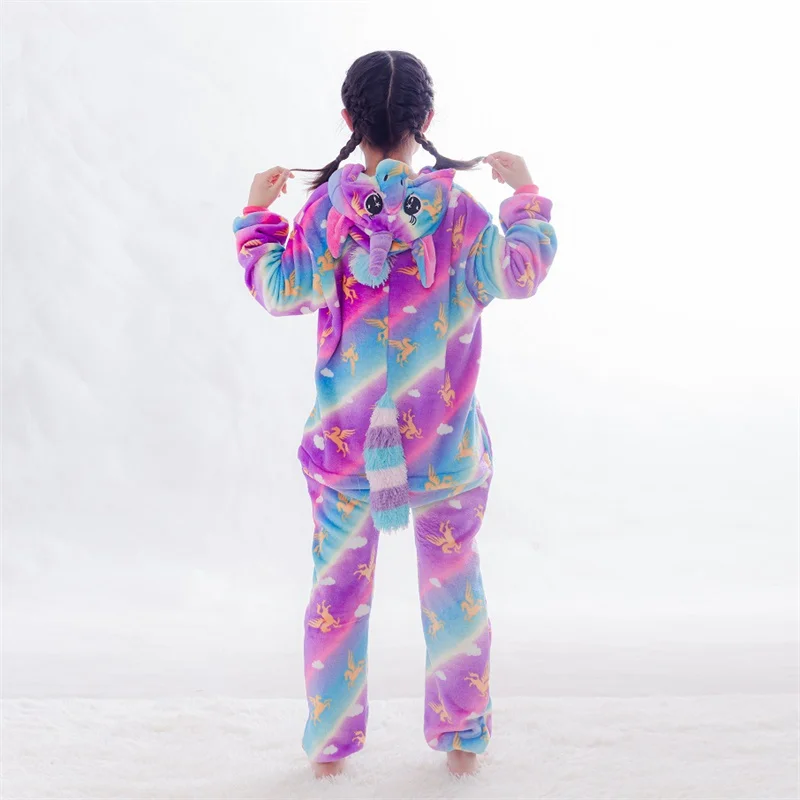 Flannel Colored Unicorn One-piece Pajamas Children Long Sleeve Hooded Loungewear Ankle-length Onesies Kigurumi Cartoon Jumpsuit