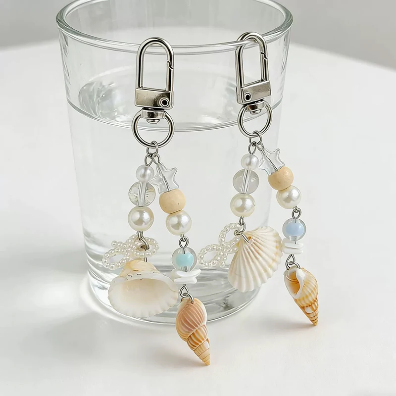 Fashion Shell Pearl Bag Pendant Keychain Ocean Style Conch Mobile Phone Lanyard Car Key Jewellery Women's Backpack Accessories