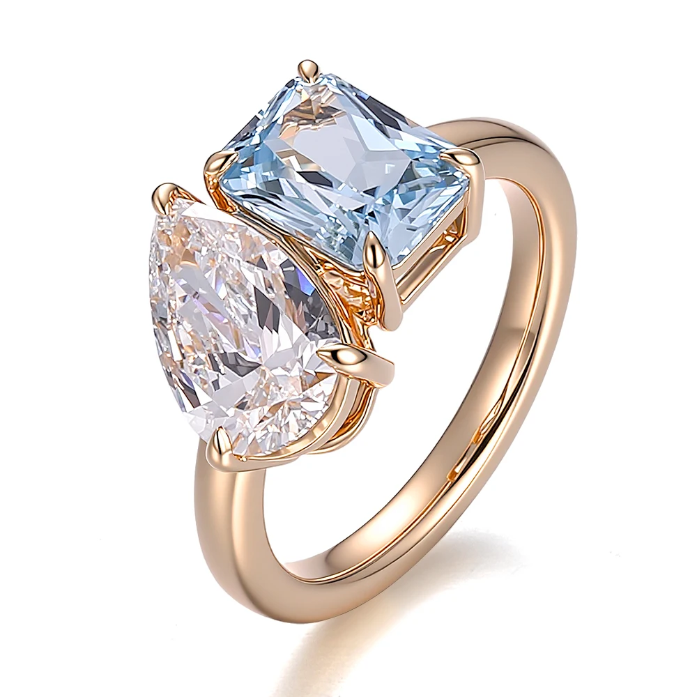 

Provence Pear Cut Brilliant Moissanite & Radiant Cut Aquamarine Prong Set Women Two Stone Engagement Ring 14K Solid Yellow Gold