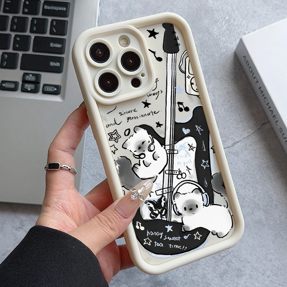 Black Guitar Music Cat Phone Case for Oppo Reno 12 11 10 8 7 6 5 4 3 2 Reno12 Reno11 Reno10 Reno8 T Z F Pro Plus 4G 5G Cover