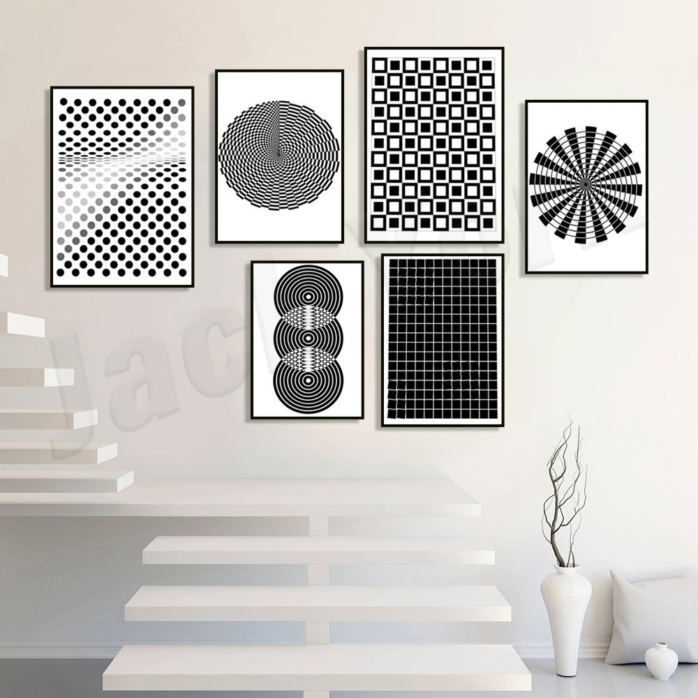 String mandala, concentric circles op art poster, optical illusion, abstract black and white artistic optical illusion pattern