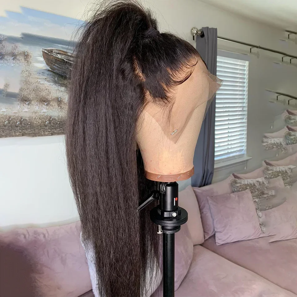 Peruca dianteira do laço preto reto Kinky para mulheres, cabelo macio do bebê, pré-arrancado, sem cola, peruca diária, resistente ao calor, densidade 180, 24 longos