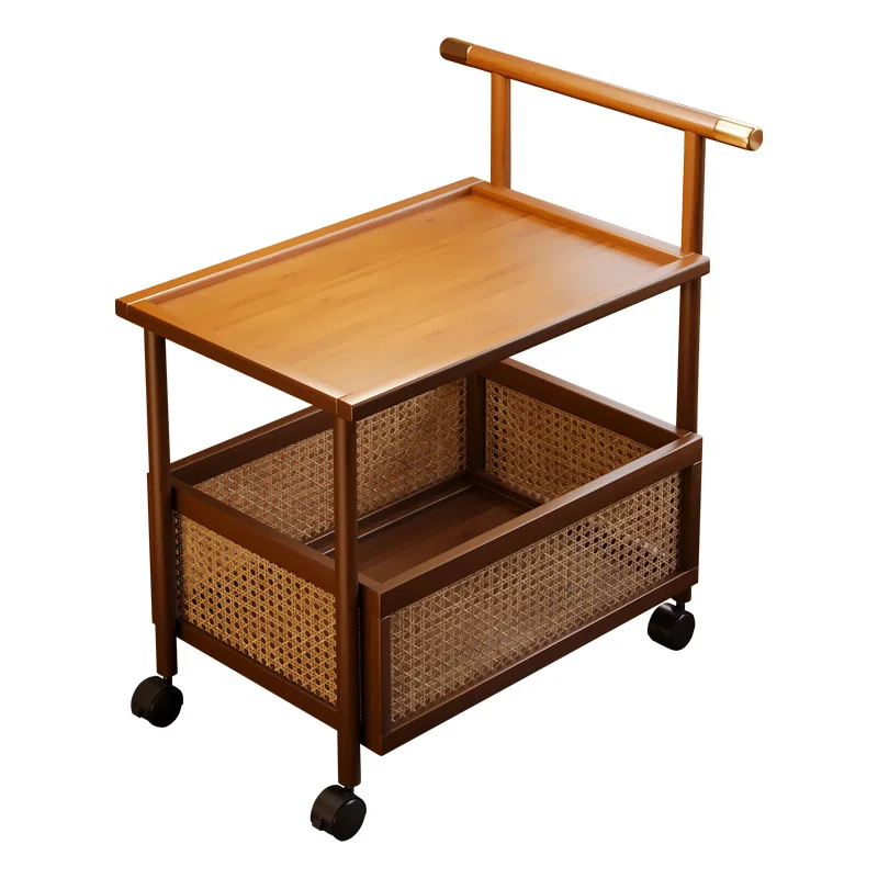 Mid-Ancient Style Small Cart Floor Standing Movable Bamboo Wood Storage Rack for Living Room Snack Caninet Simple Design