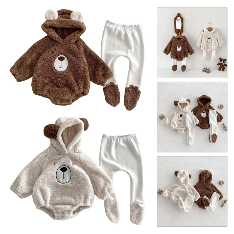 秋と冬用のカートゥーンベアのフード付き衣装セットには、暖かいぬいぐるみロンパースボディスーツと、お揃いのベビーレギンス15ubが含まれています。