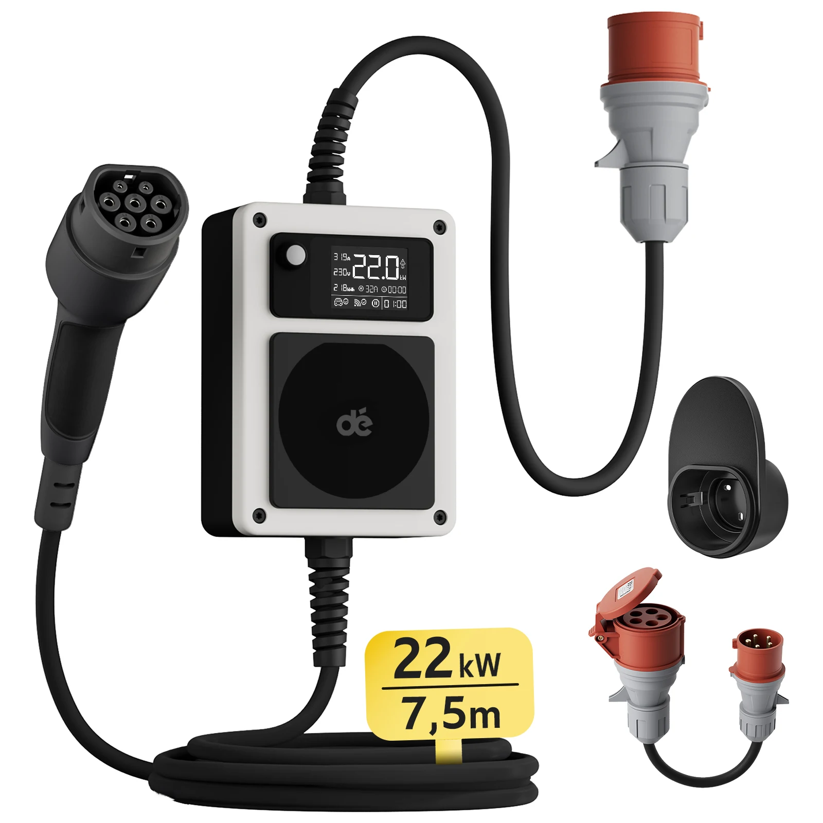 dé Wallbox 22kW EV Charger Type 2 CEE Plug 16A 3Phase 400V 7.5m 10m Charging Cable Electric Vehicle Charging EVSE