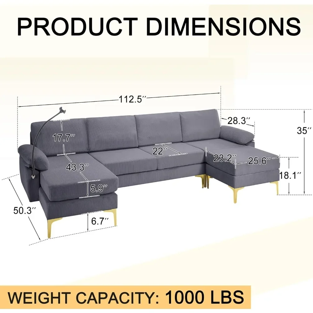 Corduroy Convertible 4-person Sofa Set, with Lounge Chair and Footstool，114 Inch U-shaped Combination Sofa