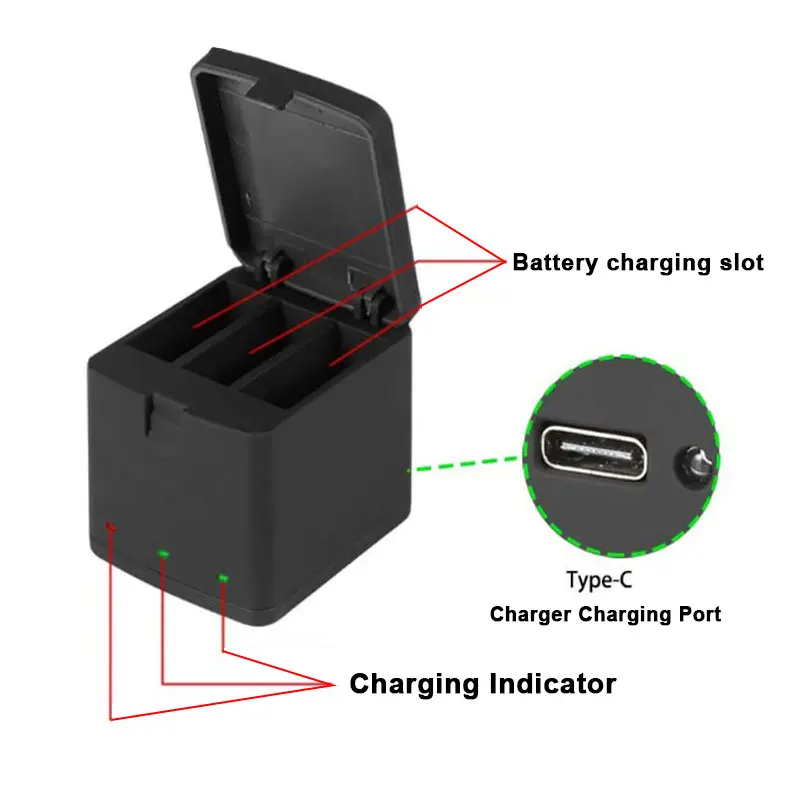 1800mAh Battery for GoPro12 10 Hero12 HERO 11 9 Hero10 Go Pro 12 Full Decode Camera Batteries + USB Type-C 3-Slot Charger