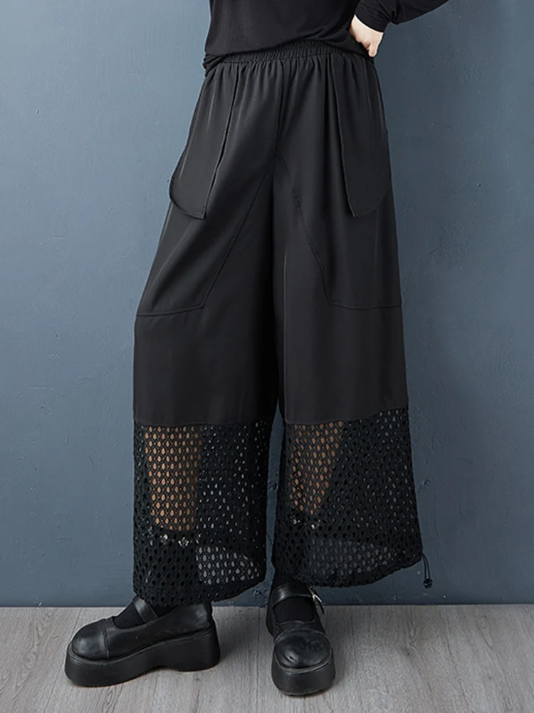Noir Vintage Patchwork maille taille haute pantalon à jambes larges femmes nouveau printemps automne décontracté pantalon ample mode Streetwear 2025