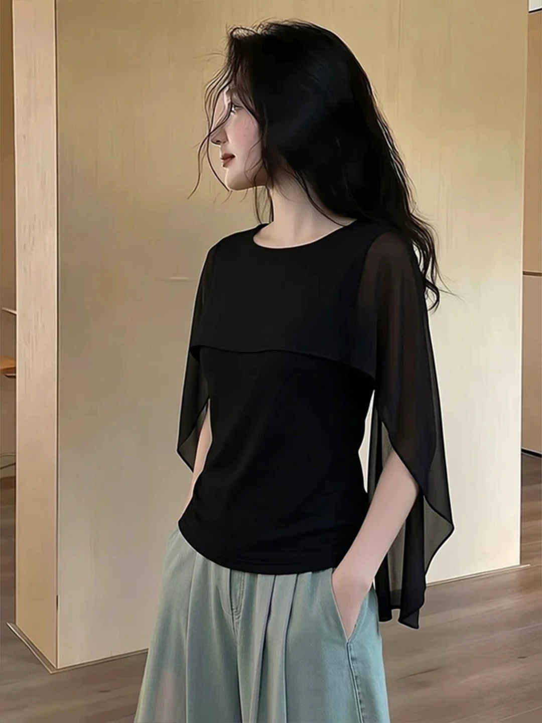 

Black round Neck Commuter T-Shirt Women's Fashion Maturity Style Short Sleeve Korean Version Straight Cut Pure Color Summer 2026