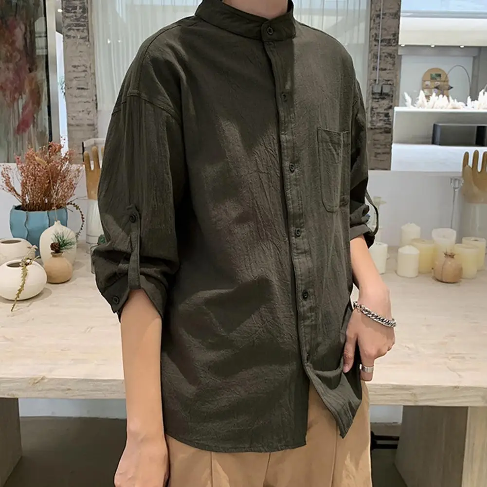 

Button Down Men Shirt Loose Fit Casual Shirt Stylish Men's Stand Collar 3/4 Sleeve Shirt Solid Color Loose Fit Casual for A