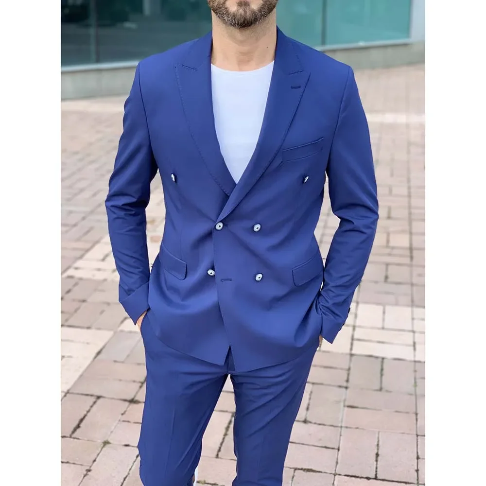 

Chic Solid Suits for Men Fashion Peak Lapel Double Breasted Male Suit Slim Business Casual Groom Wedding Formal Tuxedo 2024