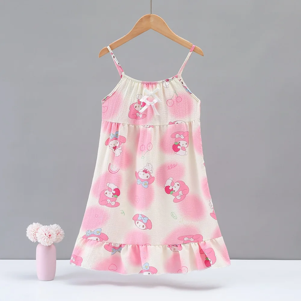 Kawaii My Melody Kuromi Thin Bubble Cotton Girls Nightgown Summer Anime Sanrio Girly Heart Cute Children's Suspender Pajamas