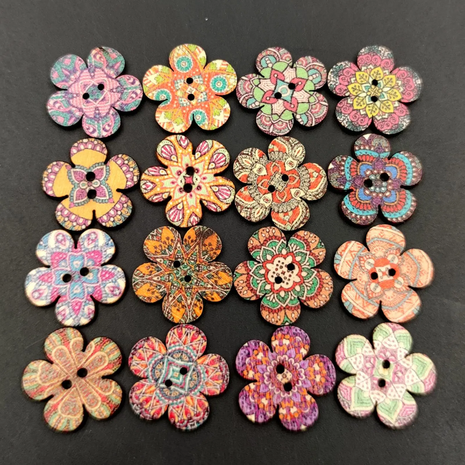 5x100pcs Mixed Random Flower Painting Wooden Retro Buttons Assorted Color 1