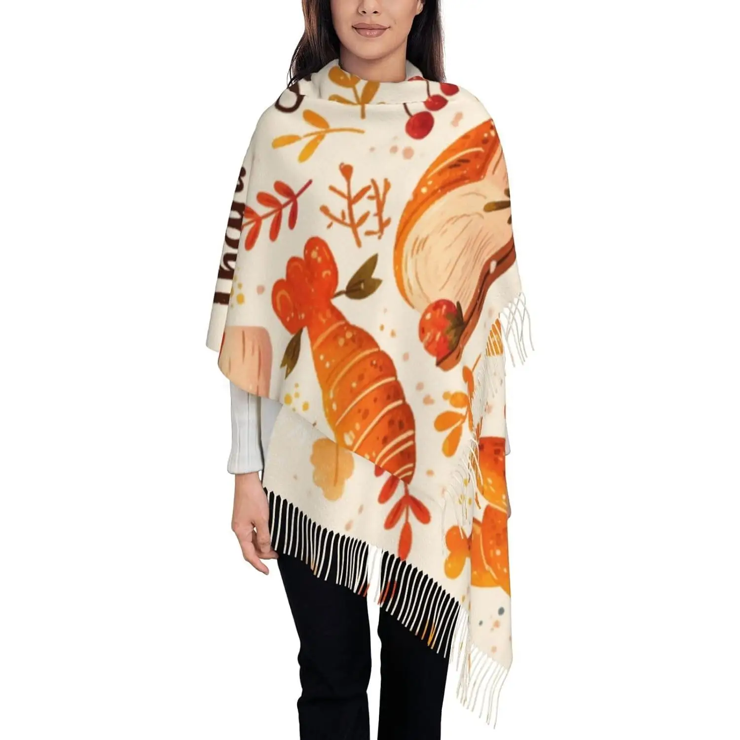 

Мягкий шарф на День Благодарения, женские теплые шали с тыквой, оранжевые осенние листья, осенний шарф с кисточками, подарки, повседневные путешествия, офис