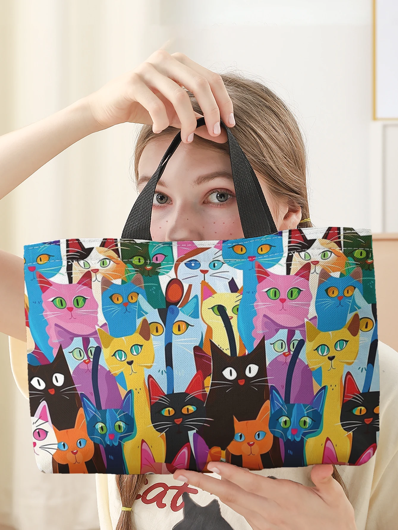 Colorful Cartoon Cat Print Insulated Lunch Tote Large Capacity Aluminum Foil Liner Reusable Student Cooler Bag For Travel Picnic