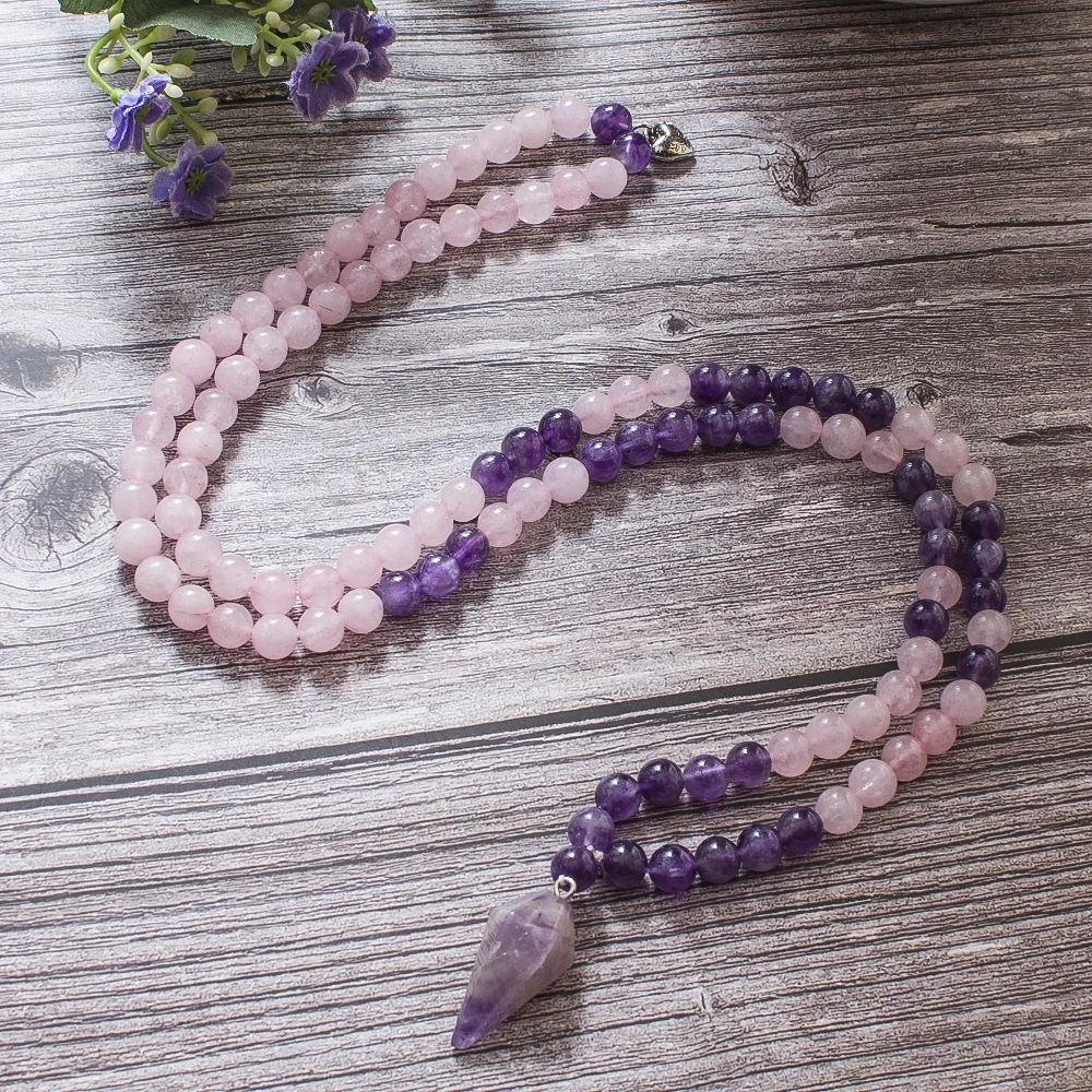 8mm Amethyst Rose Quartz Beads 108 Mala Necklace Meditation Yoga Prayer Jewelry Japamala Set with Pendant for Women