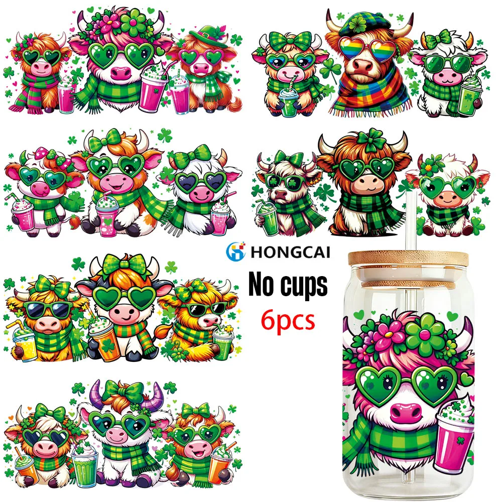 

6 шт. Наклейки для термопереноса DTF с изображением милой коровы ко Дню святого Патрика, свежие цвета, водонепроницаемые и устойчивые к царапинам