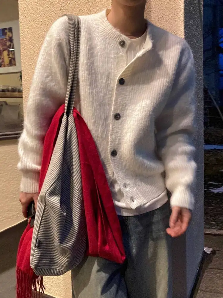 

SYUHGFA 2025 Winter Korean Style Men's Cardigan Solid Color Round Collar Casual Knitting Tops Single Breasted Loose Male Sweater