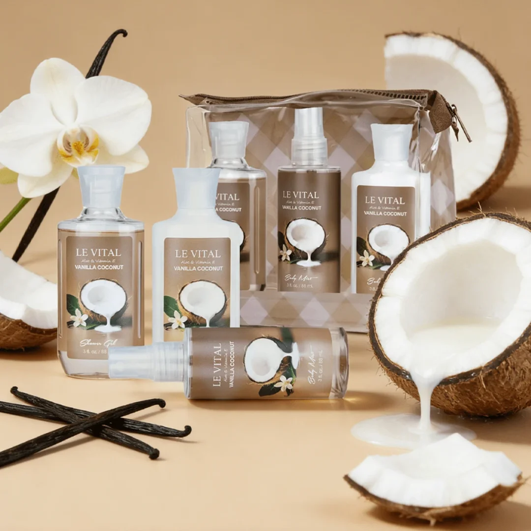 

The three piece bath set with coconut milk and vanilla fragrance shower gel is a surprising gift that is perfect as a daily gift. Pheromone perfume. A fashionable thing. a birthday present. Valentine's Day gift.