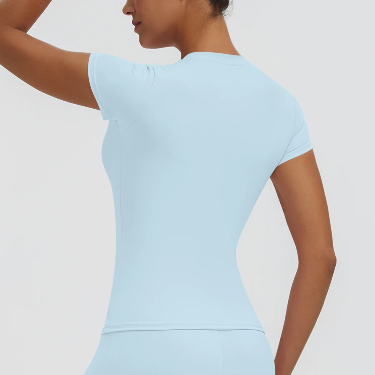 Hochelastisches, schnelltrocknendes, einfarbiges Yoga-Kurzarm-T-Shirt für Damen, Workout-Oberteil, schmal geschnittenes, lässiges Sport-, Lauf-, Fitness- und Yoga-T-Shirt. – Detail 14