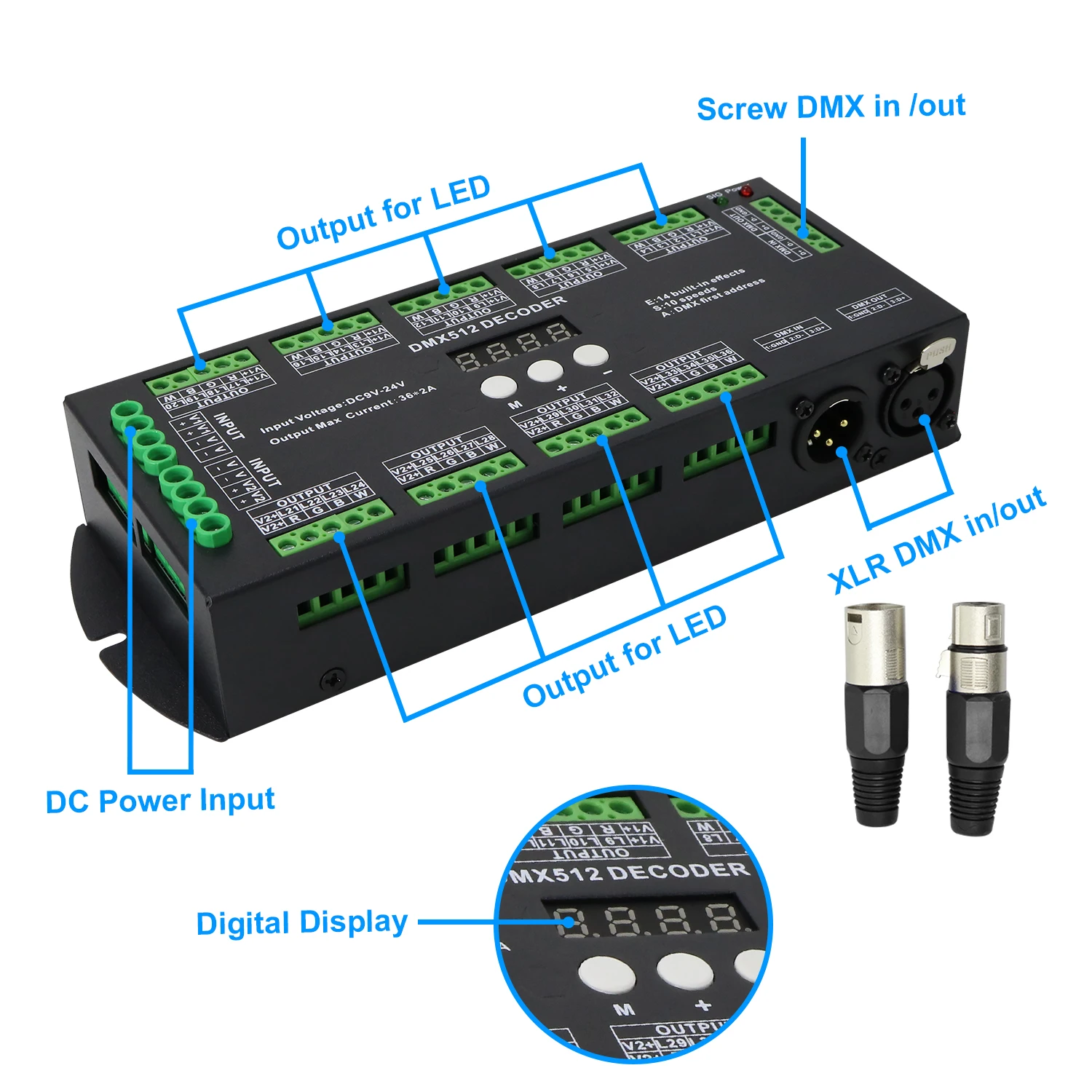 DMX 512 Decoder 36Channels 2A*36CH, DC9V～DC24V Digital Display dmx512 Led Controller Driver for RGB RGBW Led Strip Lights