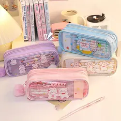 Cute Pencil Bag Transparent PVC Student Cartoon Pencil Case Three-layer Large Capacity Kawaii Bag Korean Stationery