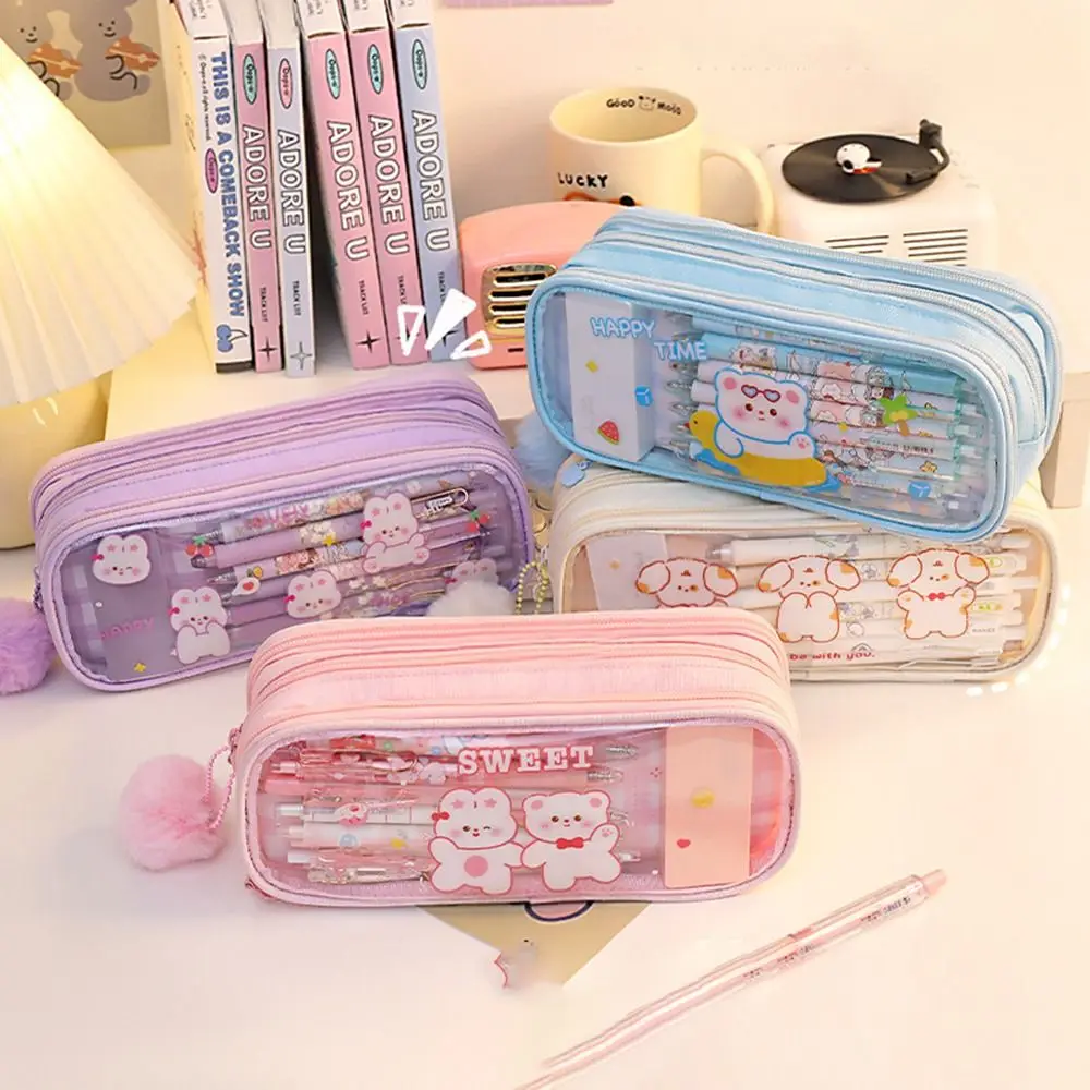 estojo de lapis transparente pvc dos desenhos animados tres camadas grande capacidade kawaii bolsa papelaria coreano bonito bolsa de estudante 01