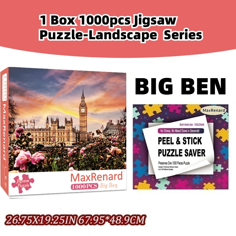 1 BOX 1000-teiliges Big Ben Landschafts-Puzzle aus Karton Komplettes Einrahmungs- und Präsentationsset mit Großen Selbstklebenden Rückseiten-Aufklebern