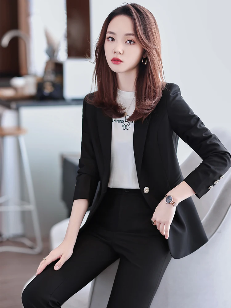 Women Blue Navy Black Formal Blazer Pant Suit Female Solid Jacket and Trouser 2 Piece Set For Office Ladies Winter Work Wear