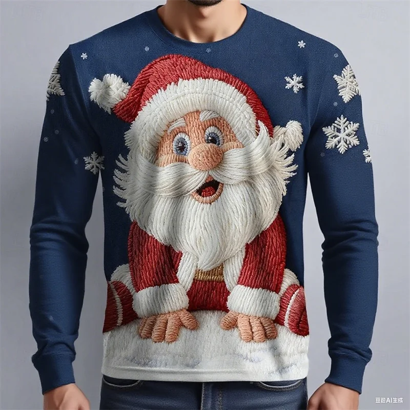 

Funny Santa Print Men's Long Sleeve Autumn Christmas Element Graphic Man Clothing Daily Casual Fashion Crew Neck T-shirt For Men