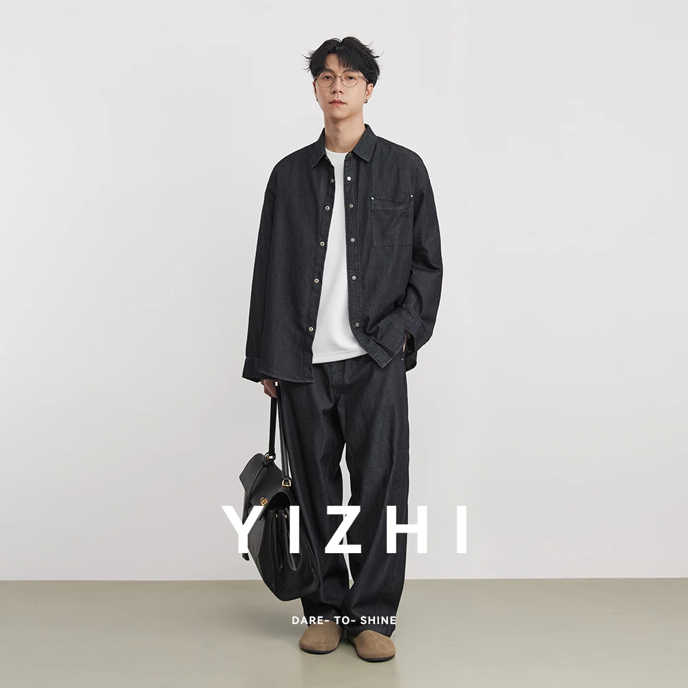 Men's Loose Denim Shirt Pants Suit 2026 Spring Retro Casual Jacket Straight Pants Two-piece Set