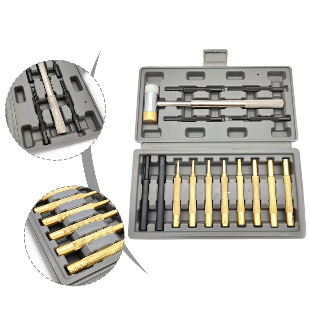 Efficient 15 Piece Roll Pin Punch Set with Organized Plastic Case and Removable Dual Head Hammer for Precision Work