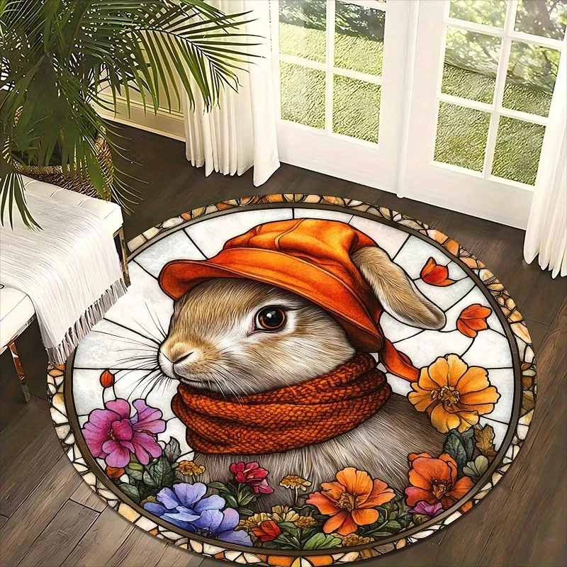 Painted flower-style rabbit Flannel-printed round floor mats are slip-resistant Suitable for living room terrace garden carpets