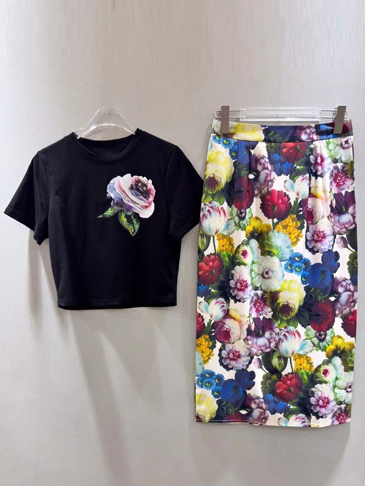 2024 Summer women's new printed T-shirt with round neck and short sleeves+high waist and slim skirt two-piece women's suit