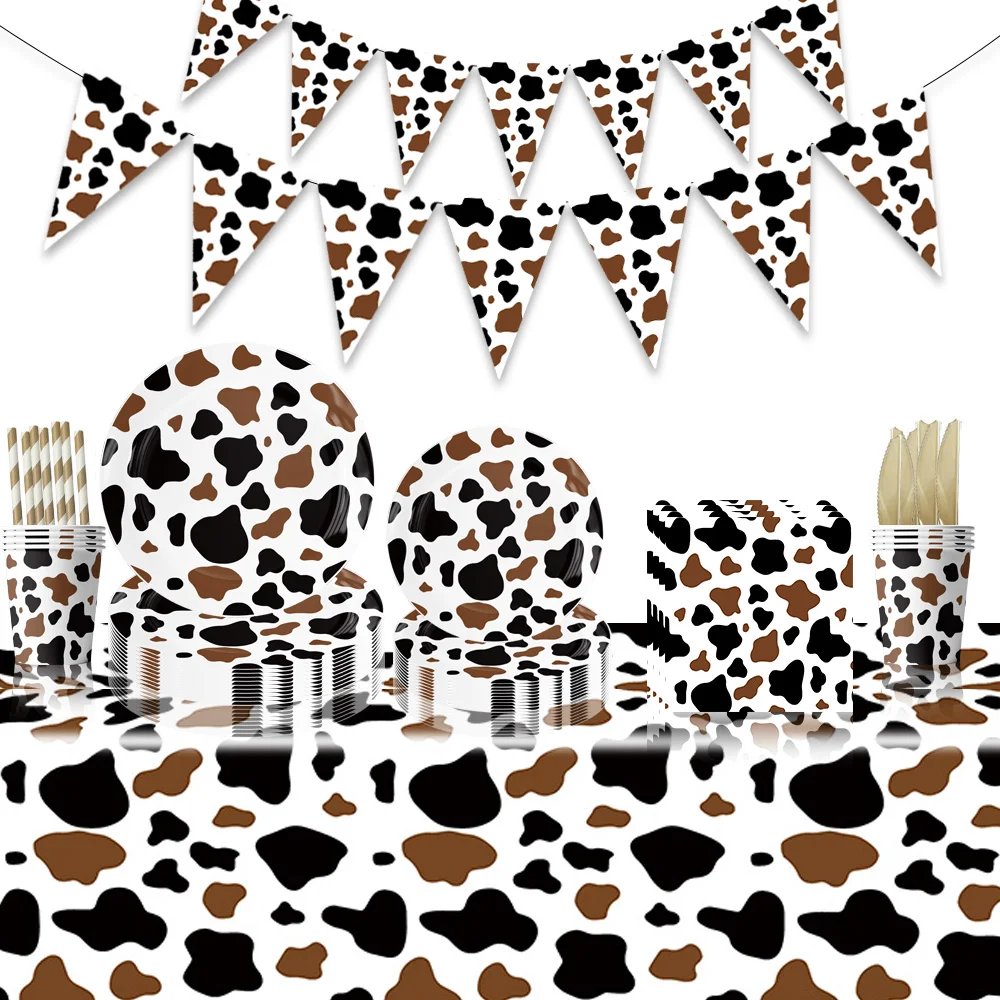 

Cute Black Brown Cow Themed Birthday Party Supplies, Paper Plate, Tablecloth, Napkin, Party Show