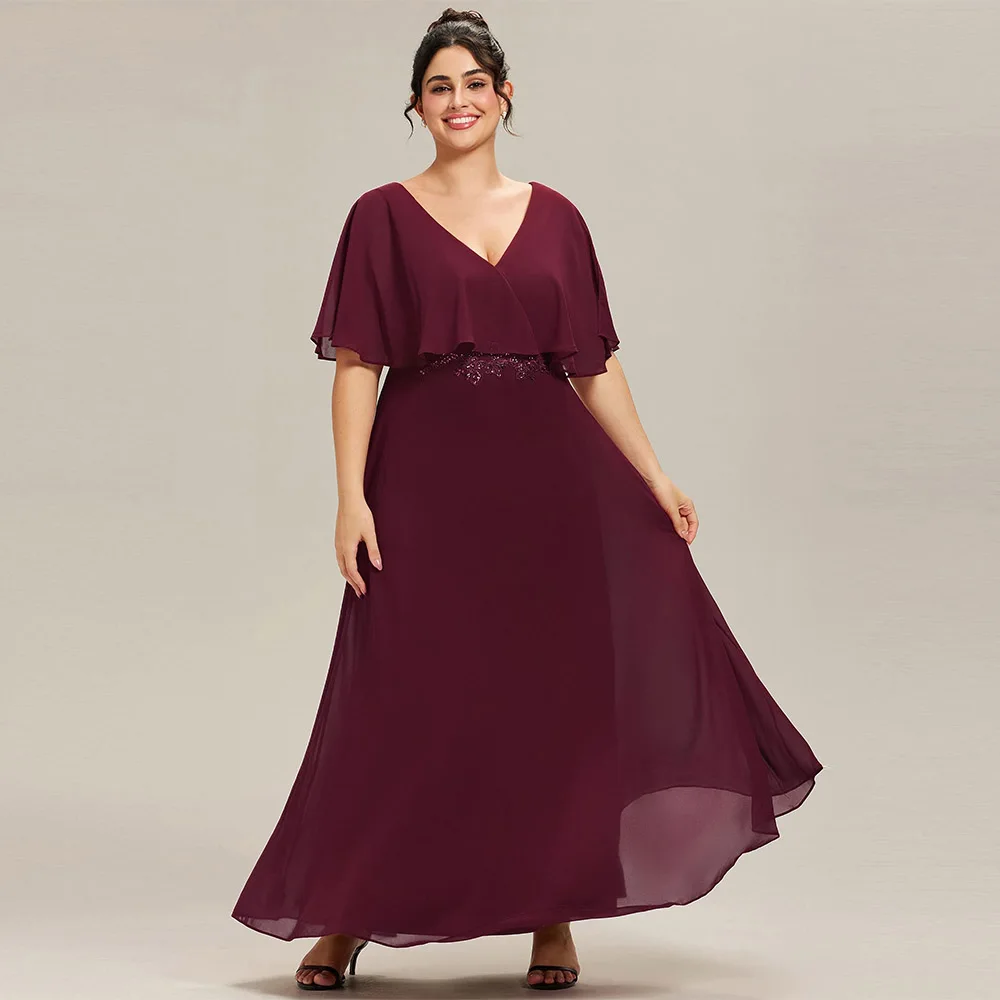 

Customized Exquisite Plus Women's Ball Gown V-Neck A Line Chiffon Applique Shawl Short Sleeves Mother of The Bride Dress 2025