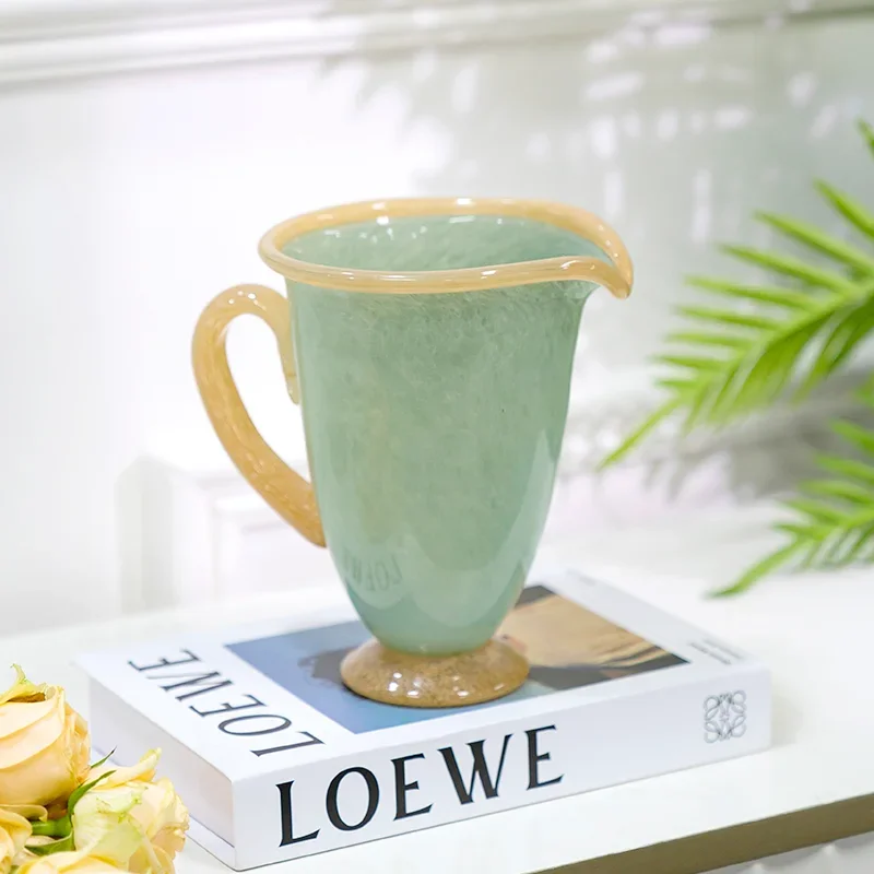 

French medieval jade cream glass vase water flower arranger dining table living room TV cabinet retro home decoration