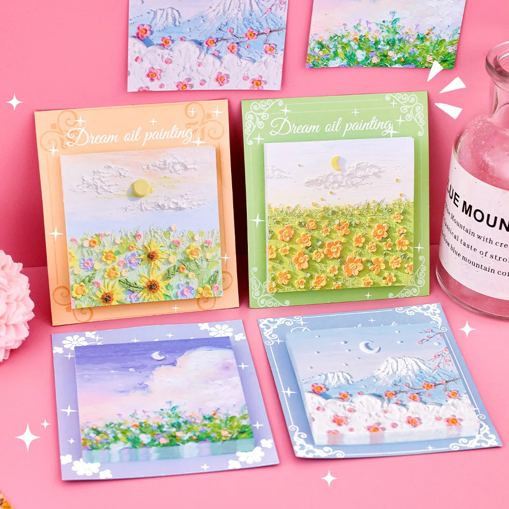 5Pcs/Lot Cute Oil Painting Post Notes Memo Pad Student Decorative Message Stickers Scenery Reusable Sticky Notes Kids Stationery