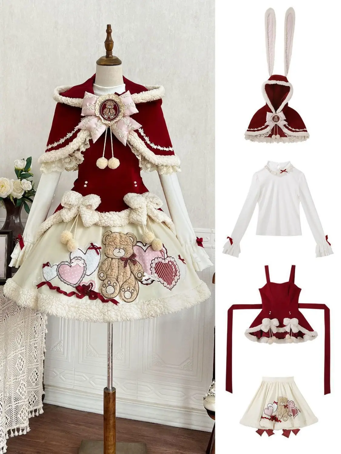 Cute Bunny Ear Hood Cloak Lolita Outfit Heart Blast Design Plush Trim Sleeveless Dress For Christmas Theme Photoshoot - view 2