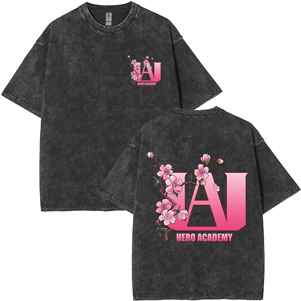 

Washed Vintage Anime My Hero Academia Cherry Blossom Logo Print T Shirts Men Casual T-shirt Men's Cartoon Manga Cosplay T-shirts