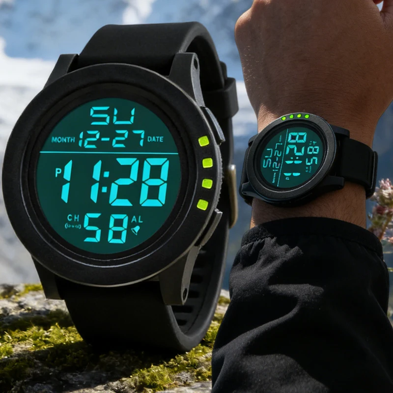 

Мужские и женские цифровые часы с большим циферблатом, светодиодной подсветкой, водонепроницаемые, с резиновым ремешком, с будильником, черные LED-часы