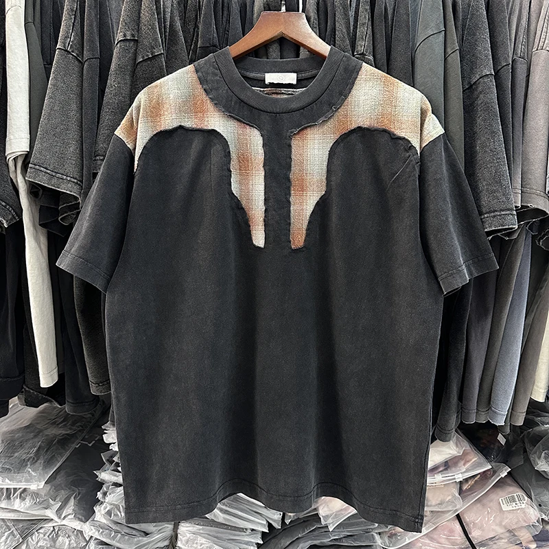 

Крутая летняя футболка в стиле американского стритвира, оверсайз, в клетку, с лоскутным узором, свободного кроя, для подростков, с круглым вырезом