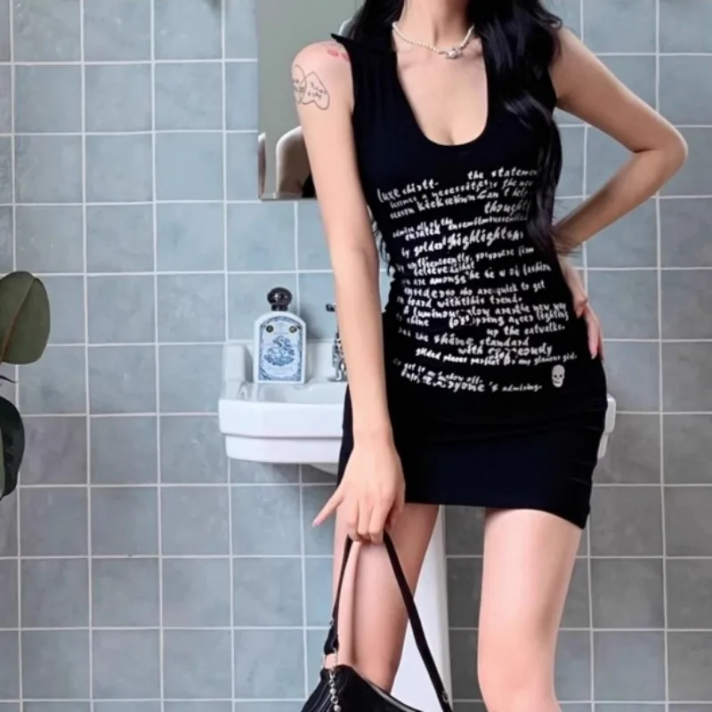 Sleeveless Dresses Women Bodycon Letter Printed Korean Fashion Mini Sundress Sexy Spicy Girls Streetwear Summer Low-cut Vestidos