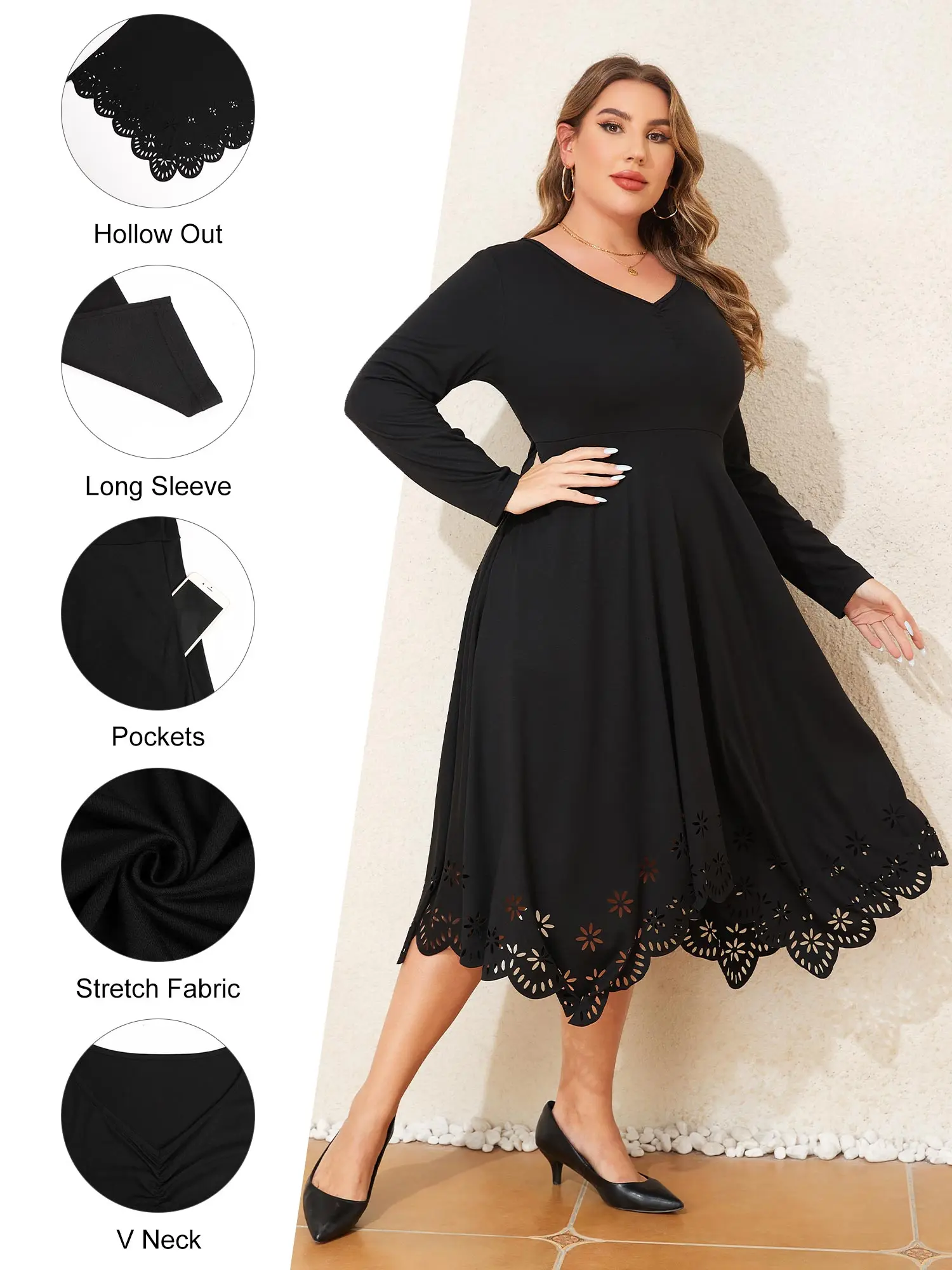 Kobiety Elegancka sukienka wieczorowa z dekoltem w szpic Vintage Plus Size Fall Long Sleeve Hollow Out A-Line Pockets Festival Party Gowns 6XL