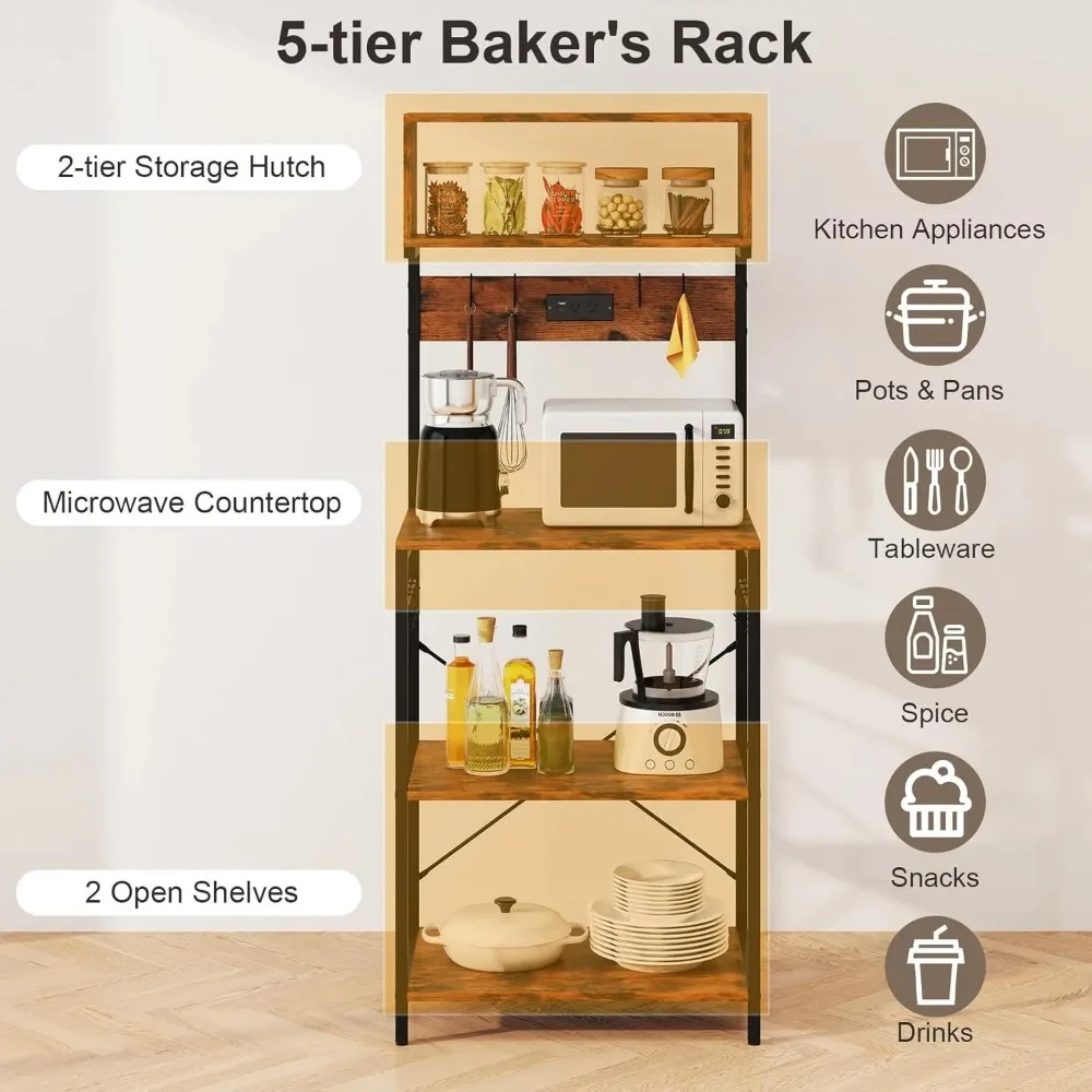 Baker’s Rack with Power Outlet, 5-Tier Microwave Stand with Open Shelves & 10 Hanging Hooks, 60” Tall Coffee Bar Station fo - view 6