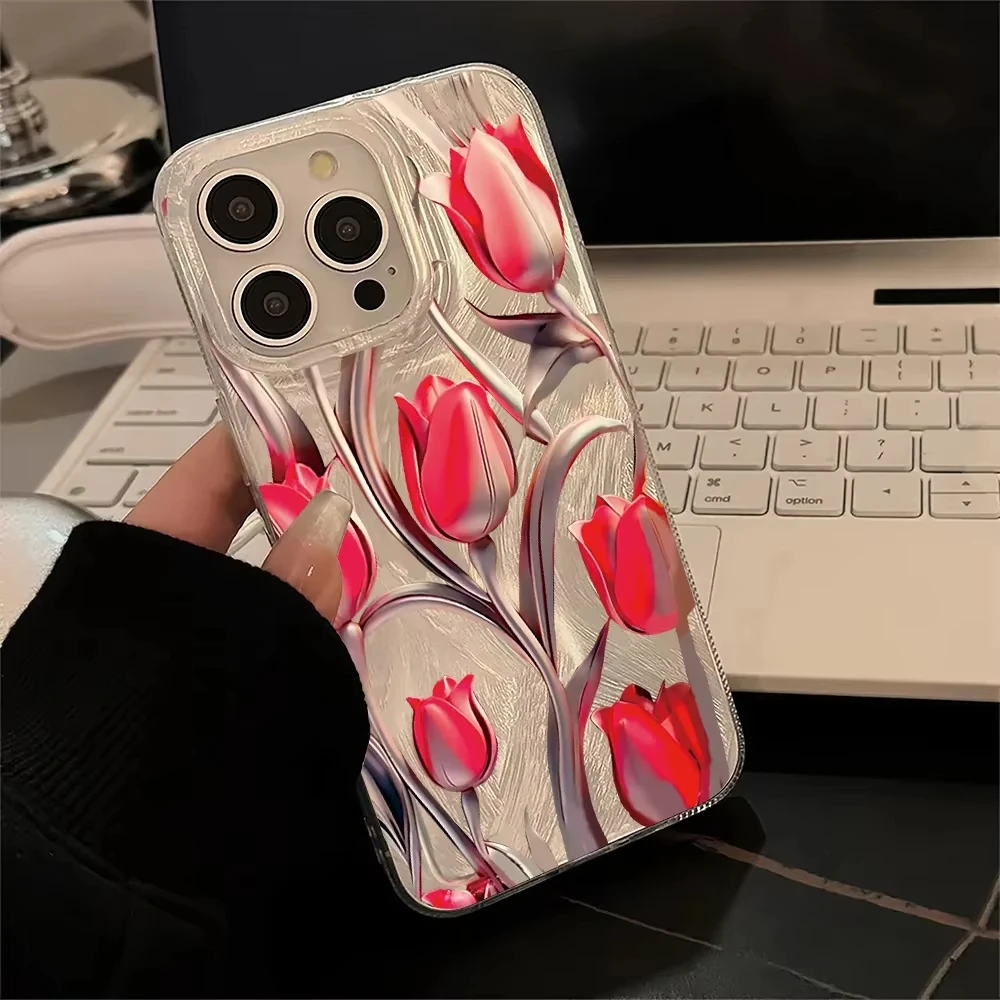 حافظة ليزر ملونة بنمط التوليب لهاتف سامسونج جالاكسي S25 S24 Ultra S23 FE S22 Plus S21S20 A15 A35 A54 A55 غطاء خلفي
