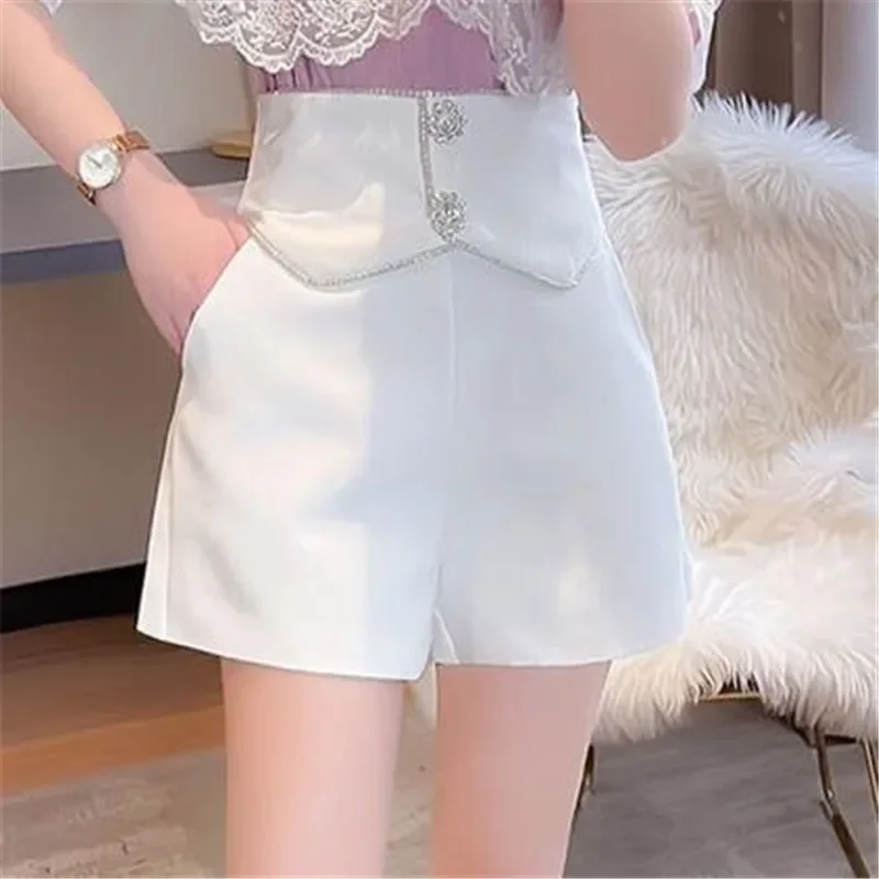 2024 Summer New Women Beads Diamond Wide Leg Pants Korean High Waist Loose Pantalones Cortos Ladies Casual Suit Short Pantskirt