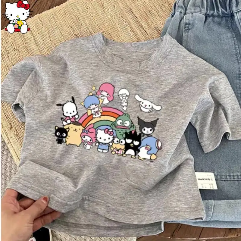 

Детская футболка с рисунком аниме Kuromi Hello Kitty, новинка лета, кавайная футболка с короткими рукавами, модная, мягкая, дышащая, удобная, милая
