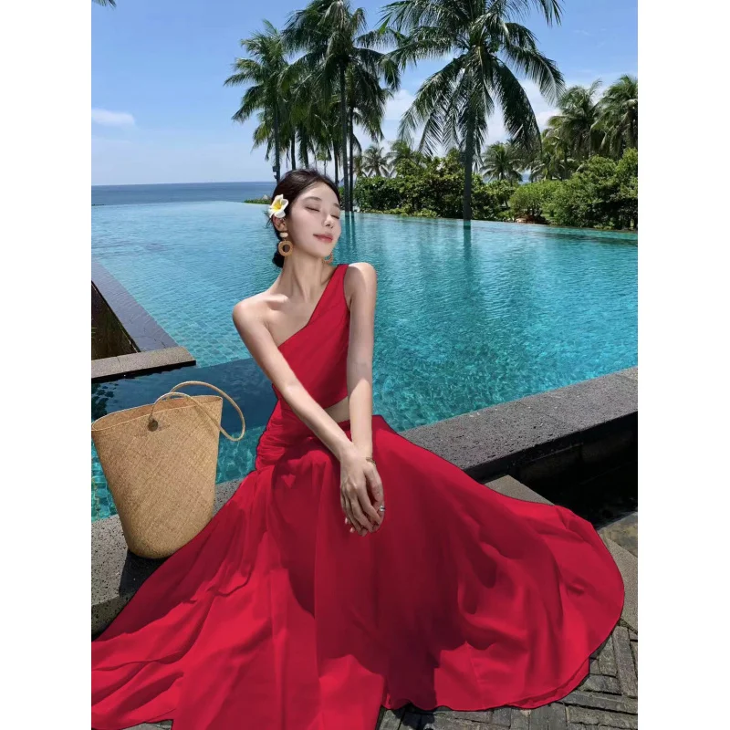 

French Style Stunning Red Off-Shoulder Waist-Exposing Dress Women Summer Beach Vacation Dress Photo Shoot Atmosphere F