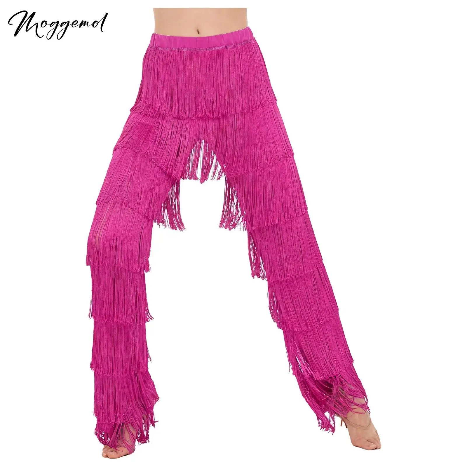 Womens Latin Dance Tiered Fringed Pants Elastic Waistband Contrast Color Tassel Trouses Cha-Cha Tango Rumba Costume Dancewear